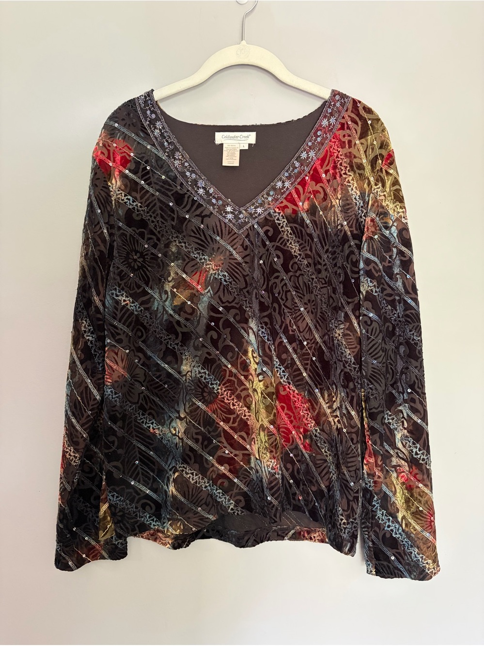 Vtg Coldwater Creek Velvet Top Women’s L Burnout Dark Sequin V-Neck Renn Faire